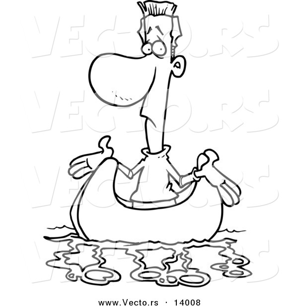 Vector of a Cartoon Man Shrugging in a Boat, up a Creek and Without a Paddle - Coloring Page Outline