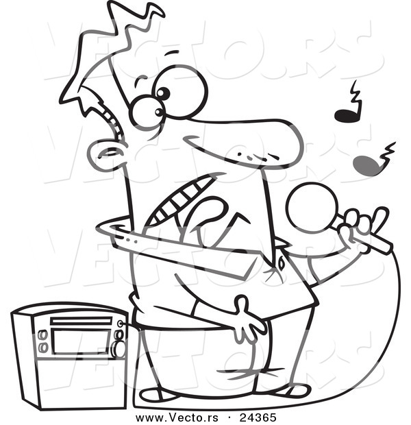 Vector of a Cartoon Man Singing Karaoke - Outlined Coloring Page