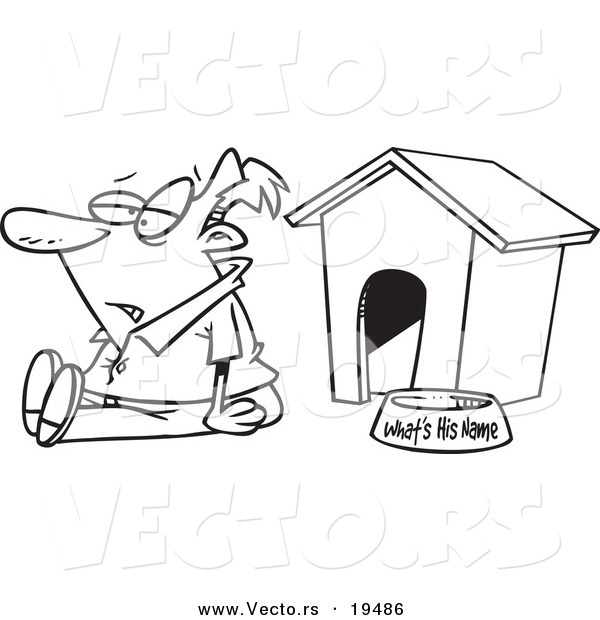 Vector of a Cartoon Man Sitting by a Dog House - Outlined Coloring Page