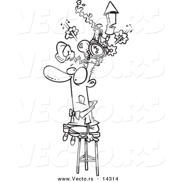 Vector of a Cartoon Man Sitting on a Stool and Wearing a Thinking Cap - Coloring Page Outline