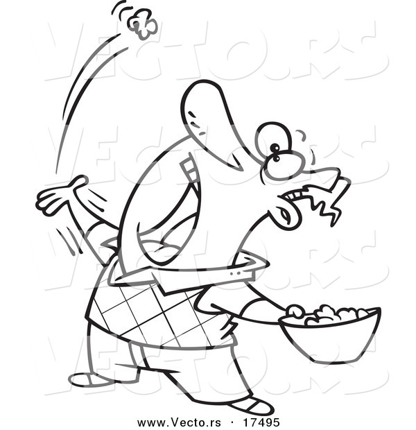 Vector of a Cartoon Man Skillfully Tossing Popcorn into His Mouth - Coloring Page Outline