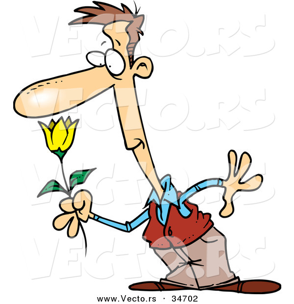 Vector of a Cartoon Man Smelling a Yellow Spring Flower