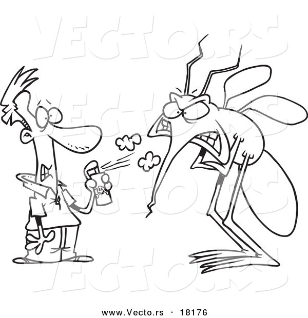 Vector of a Cartoon Man Spraying a Big Bug with Repellent - Outlined Coloring Page