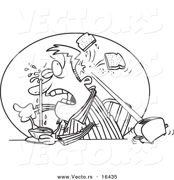 Vector of a Cartoon Man Squirting His Eye with Grapefruit and a Toaster Hitting Him with Toast - Outlined Coloring Page Drawing