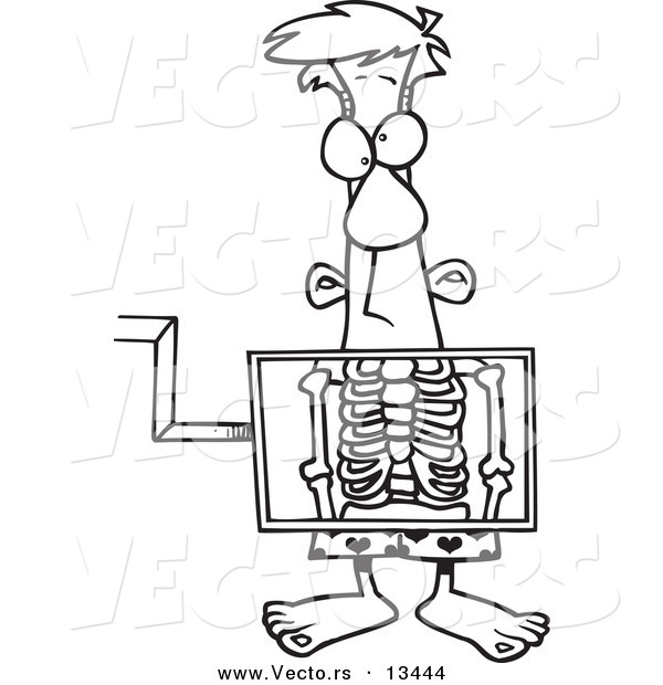 Vector of a Cartoon Man Standing Behind an Xray Machine - Coloring Page Outline