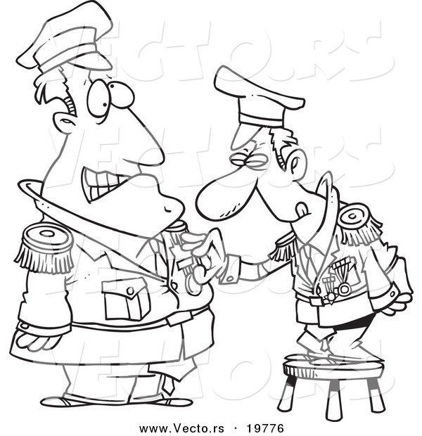 Vector of a Cartoon Man Standing on a Stool and Awarding a Medal to a Soldier - Outlined Coloring Page