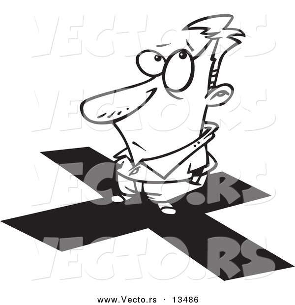 Vector of a Cartoon Man Standing on an X - Coloring Page Outline