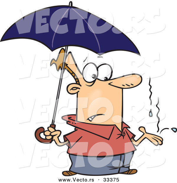 Vector of a Cartoon Man Standing Under Umbrella While It Starts to Rain