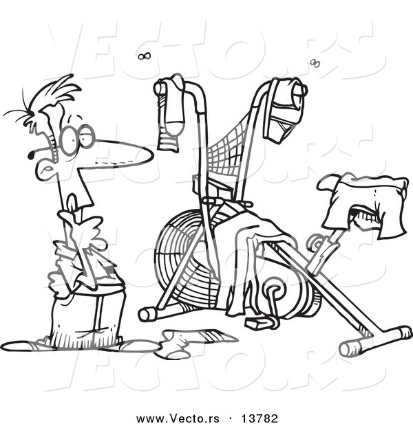 Vector of a Cartoon Man Staring at His Messy Workout Space - Coloring Page Outline