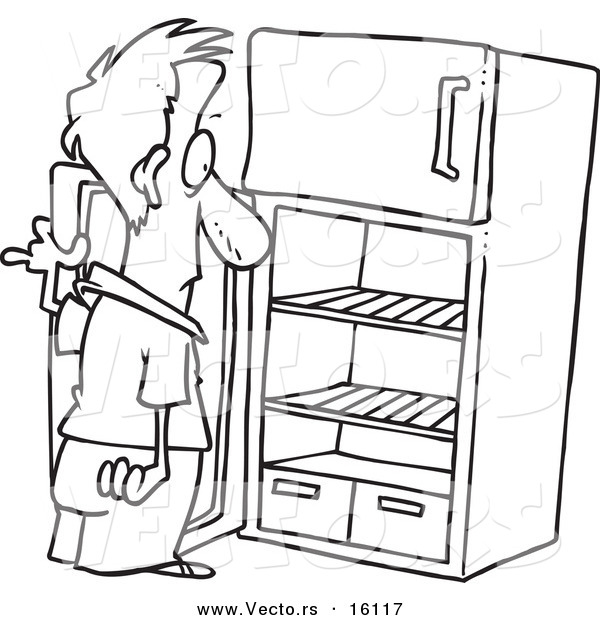 Vector of a Cartoon Man Staring in an Empty Fridge - Outlined Coloring Page Drawing