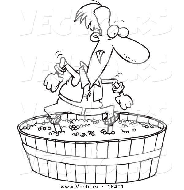 Vector of a Cartoon Man Stomping Grapes - Outlined Coloring Page Drawing