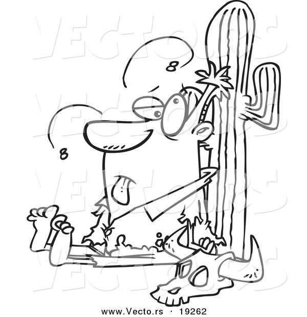 Vector of a Cartoon Man Stranded in the Desert - Outlined Coloring Page