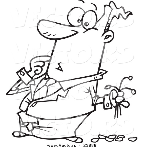 Vector of a Cartoon Man Striking out with Dead Flowers - Coloring Page Outline