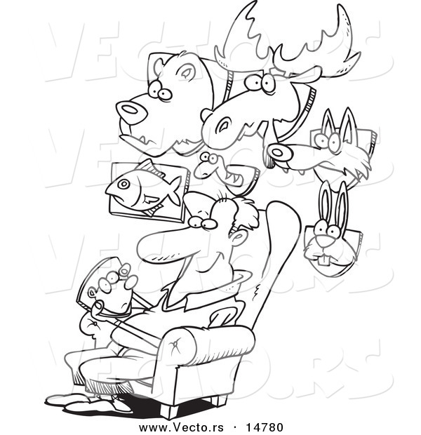 Vector of a Cartoon Man Surrounded by His Mounted Animal Trophy Heads - Coloring Page Outline