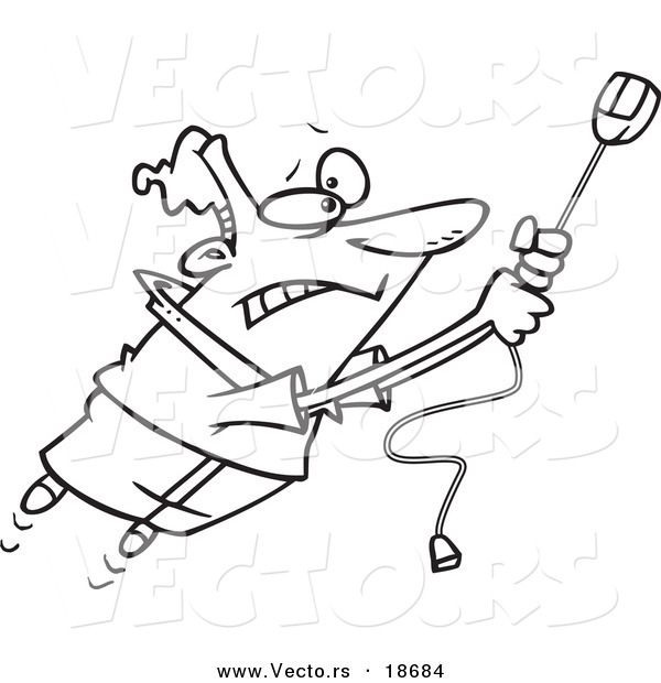 Vector of a Cartoon Man Swinging on a High Speed Internet Computer Mouse - Outlined Coloring Page