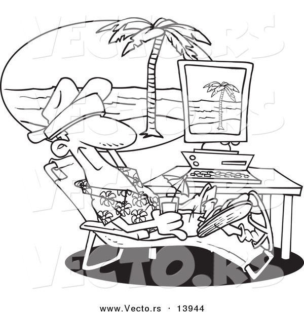 Vector of a Cartoon Man Taking a Virtual Vacation in His Office - Coloring Page Outline