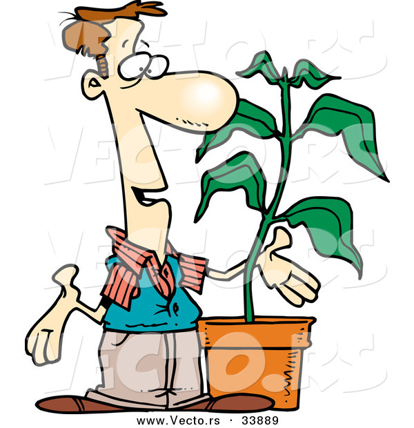 Vector of a Cartoon Man Talking Beside a Potted Plant