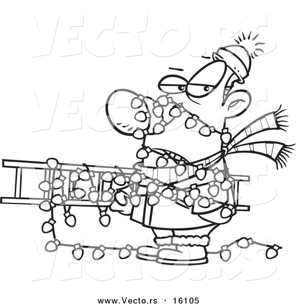 Vector of a Cartoon Man Tangled in Christmas Lights, Carrying a Ladder - Outlined Coloring Page Drawing