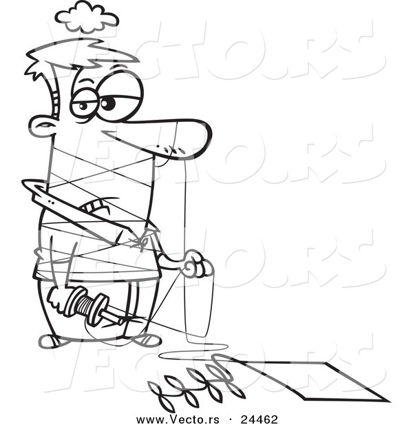 Vector of a Cartoon Man Tangled in Kite String - Outlined Coloring Page