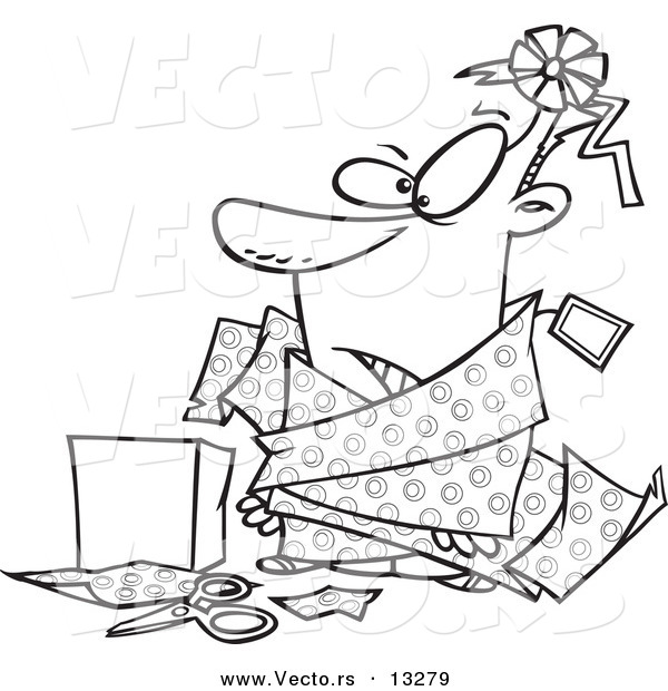 Vector of a Cartoon Man Tangled in Wrapping Paper - Coloring Page Outline