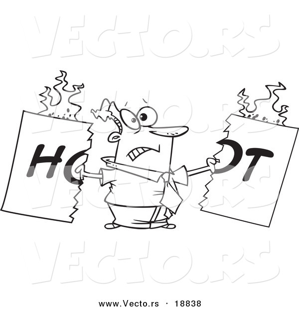 Vector of a Cartoon Man Tearing a Hot Sign - Outlined Coloring Page