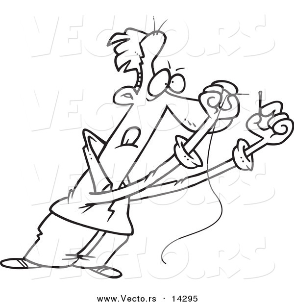 Vector of a Cartoon Man Threading a Needle - Coloring Page Outline