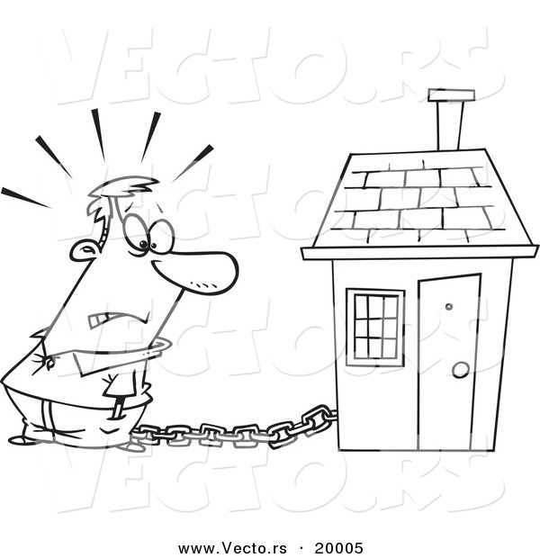 Vector of a Cartoon Man Tied to a House with a Mortgage Chain - Outlined Coloring Page