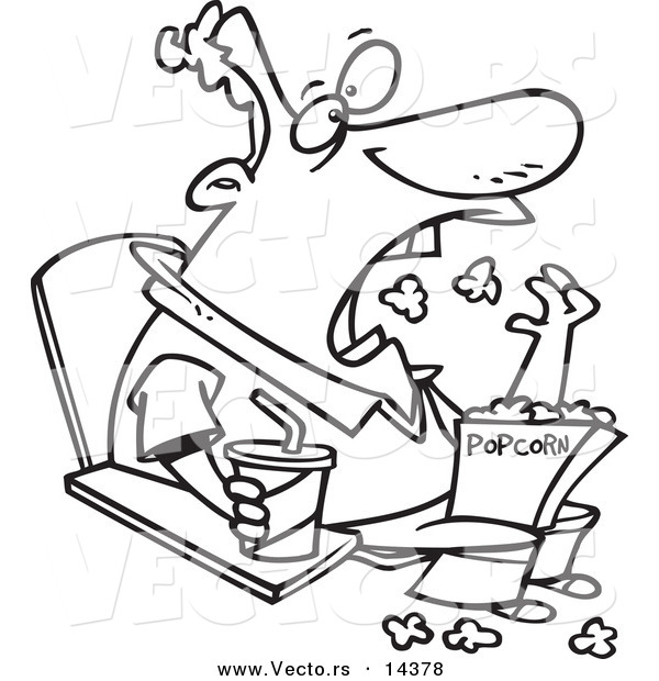 Vector of a Cartoon Man Tossing Popcorn into His Mouth at the Movies - Coloring Page Outline