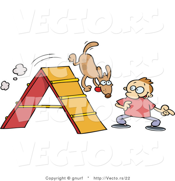 Vector of a Cartoon Man Training His Dog Tricks on an Agility Course