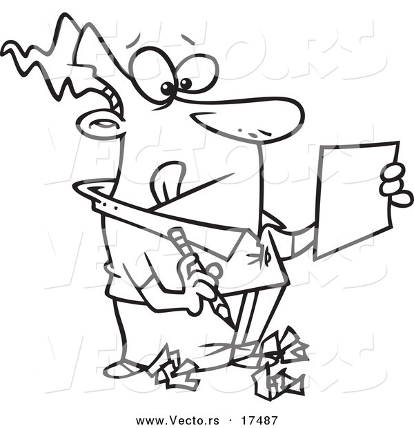 Vector of a Cartoon Man Trying to Edit His Writing - Coloring Page Outline
