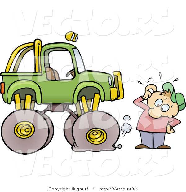 Vector of a Cartoon Man Trying to Figure out How to Fix Flat Tire on a Monster Truck