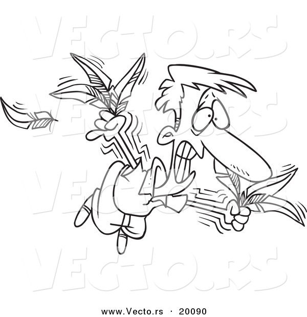 Vector of a Cartoon Man Trying to Fly with Feathers - Outlined Coloring Page