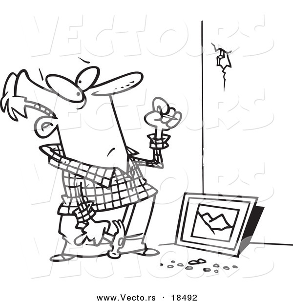 Vector of a Cartoon Man Trying to Hang a Picture on a Wall - Outlined Coloring Page
