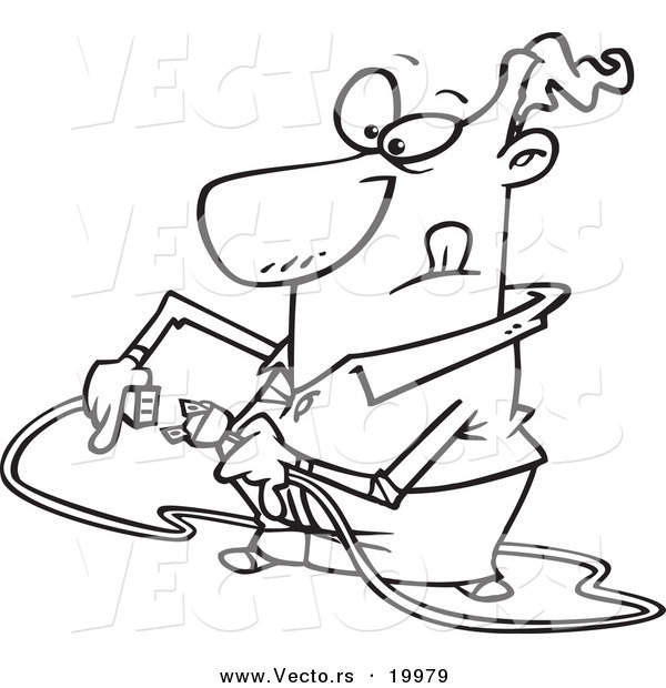 Vector of a Cartoon Man Trying to Plug in a Cable - Outlined Coloring Page