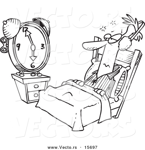 Vector of a Cartoon Man Tuning out an Alarm Clock with Ear Muffs - Coloring Page Outline