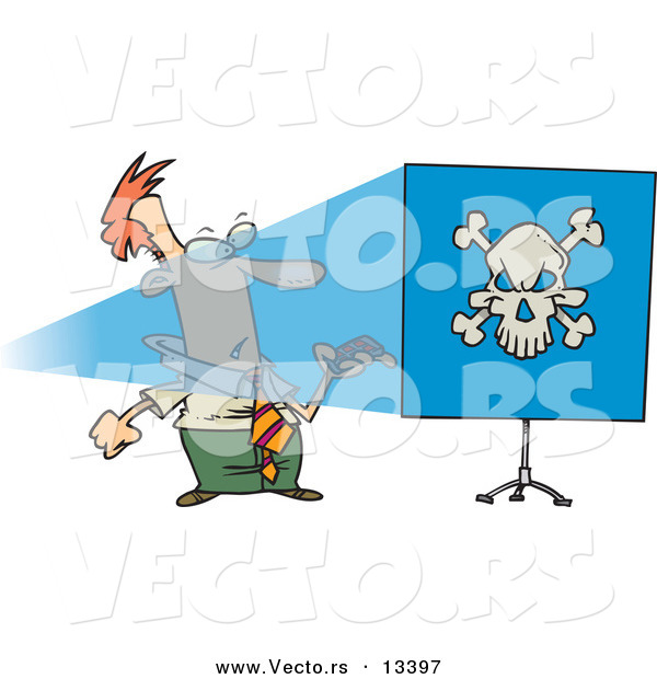 Vector of a Cartoon Man Turning Projector on and Seeing a Skull on a Blue Screen