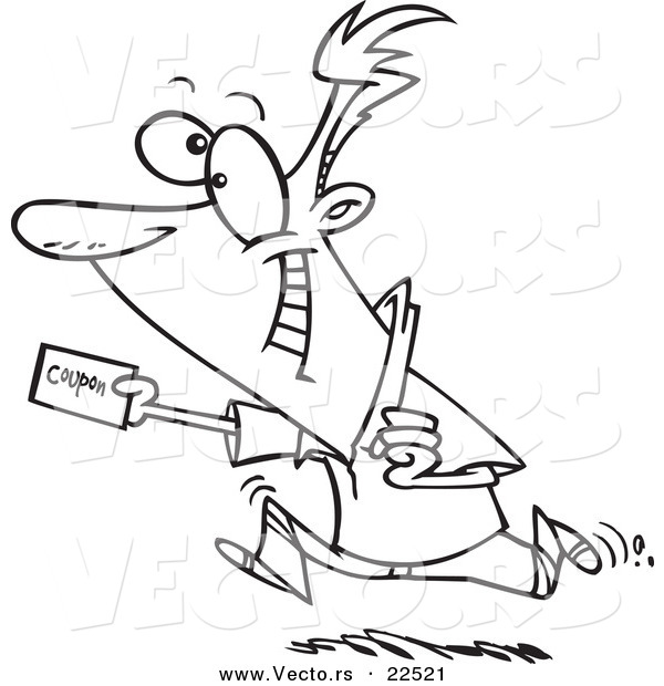 Vector of a Cartoon Man Using a Coupon - Coloring Page Outline