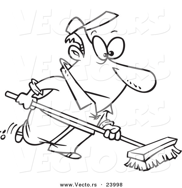 Vector of a Cartoon Man Using a Push Broom - Coloring Page Outline