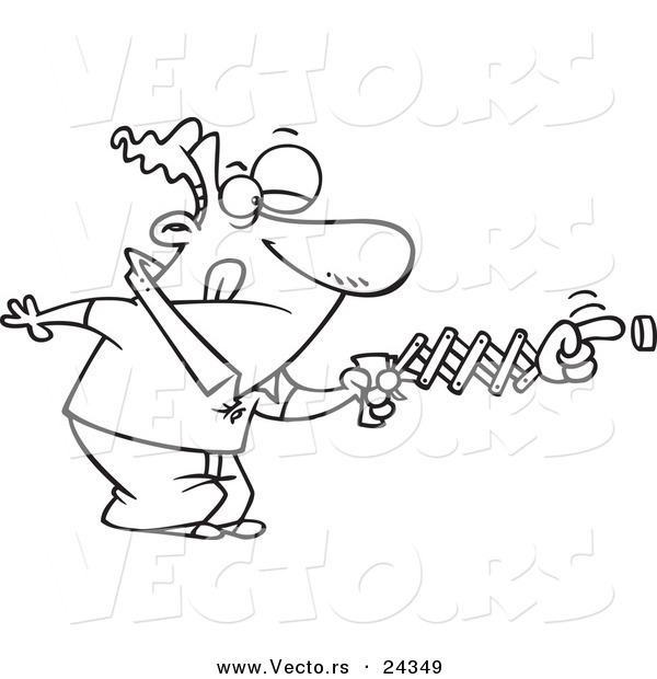 Vector of a Cartoon Man Using a Spring Hand to Push a Button - Outlined Coloring Page