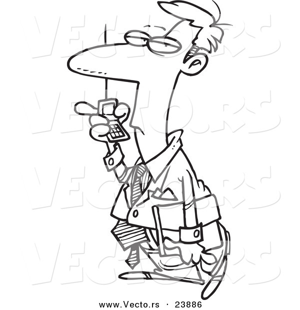 Vector of a Cartoon Man Using Speaker Phone on His Cell - Coloring Page Outline