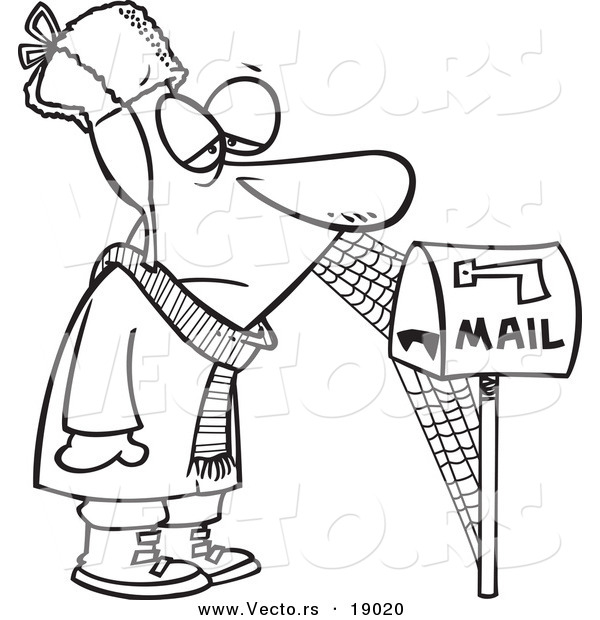 Vector of a Cartoon Man Waiting by Mailbox, with Cobwebs - Outlined Coloring Page