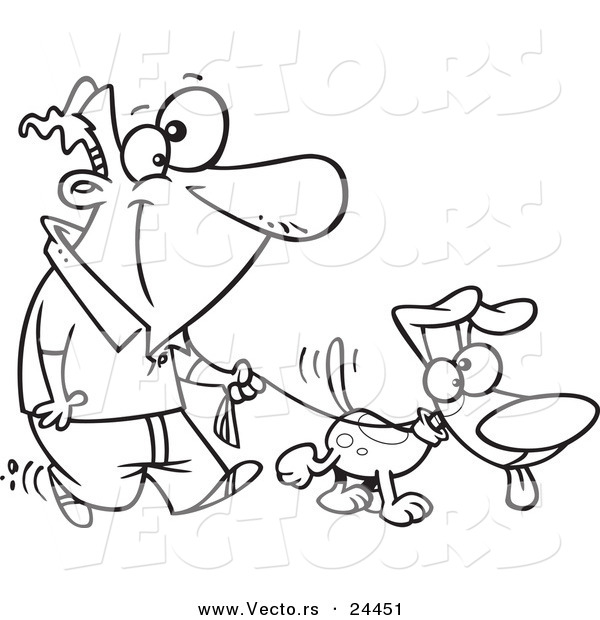 Vector of a Cartoon Man Walking His Dog on a Leash - Outlined Coloring Page