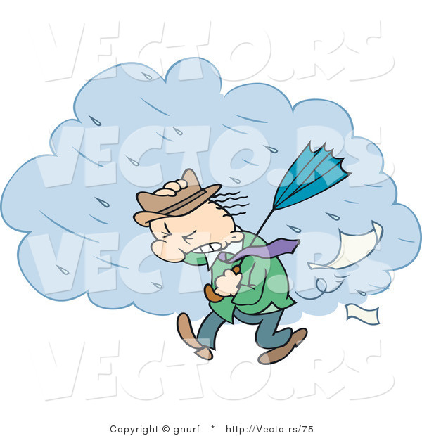 Vector of a Cartoon Man Walking in a Windy Rain Storm