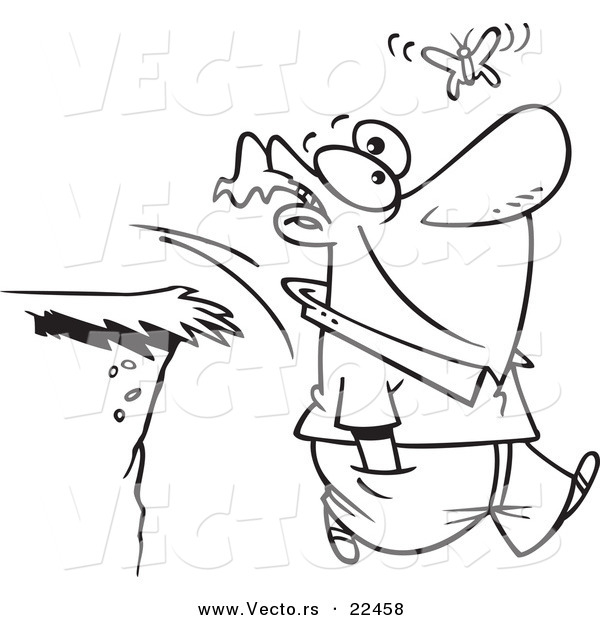 Vector of a Cartoon Man Walking off a Cliff While Following a Butterfly - Coloring Page Outline