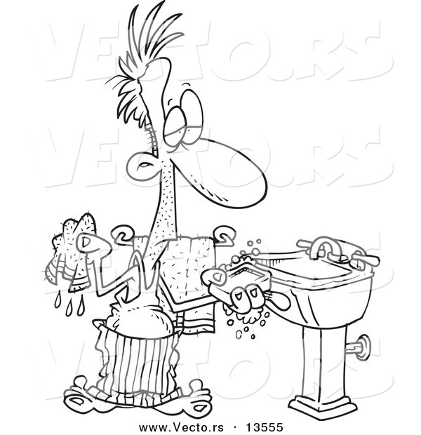 Vector of a Cartoon Man Washing His Hands with Soap and a Wash Cloth - Coloring Page Outline