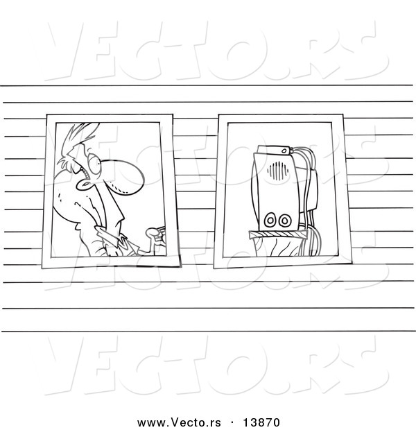 Vector of a Cartoon Man Watching Television Through Windows - Coloring Page Outline