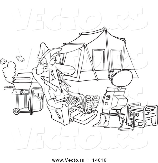 Vector of a Cartoon Man Watching Tv Hooked up to a Generator at His Camp Site - Coloring Page Outline