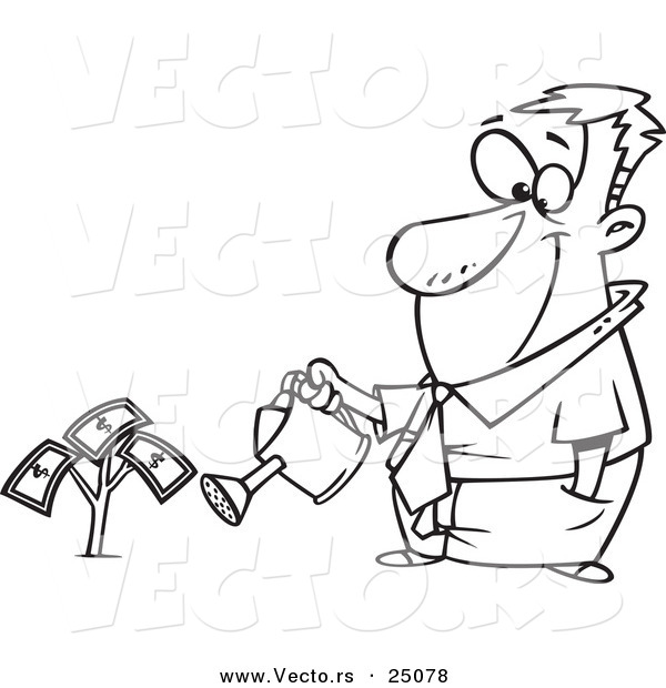 Vector of a Cartoon Man Watering His Money Plant - Outlined Coloring Page