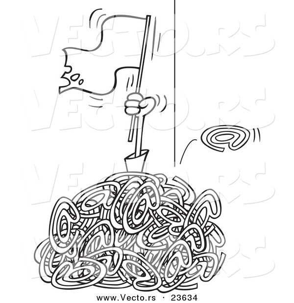 Vector of a Cartoon Man Waving a White Flat in a Pile of Spam Email - Coloring Page Outline
