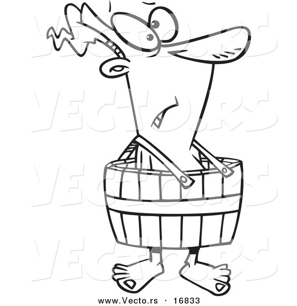 Vector of a Cartoon Man Wearing a Barrel - Coloring Page Outline